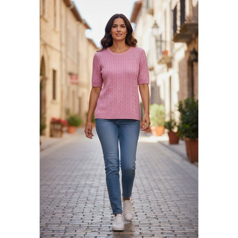 The Quacker Factory Women's Pink 1X Cable Knit Sequin Short Sleeve Sweater